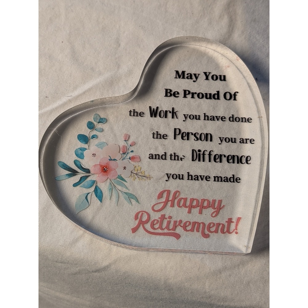 Heart Acrylic Retirement Plaque Desk Decor Gift Floral Keepsake Clear Block